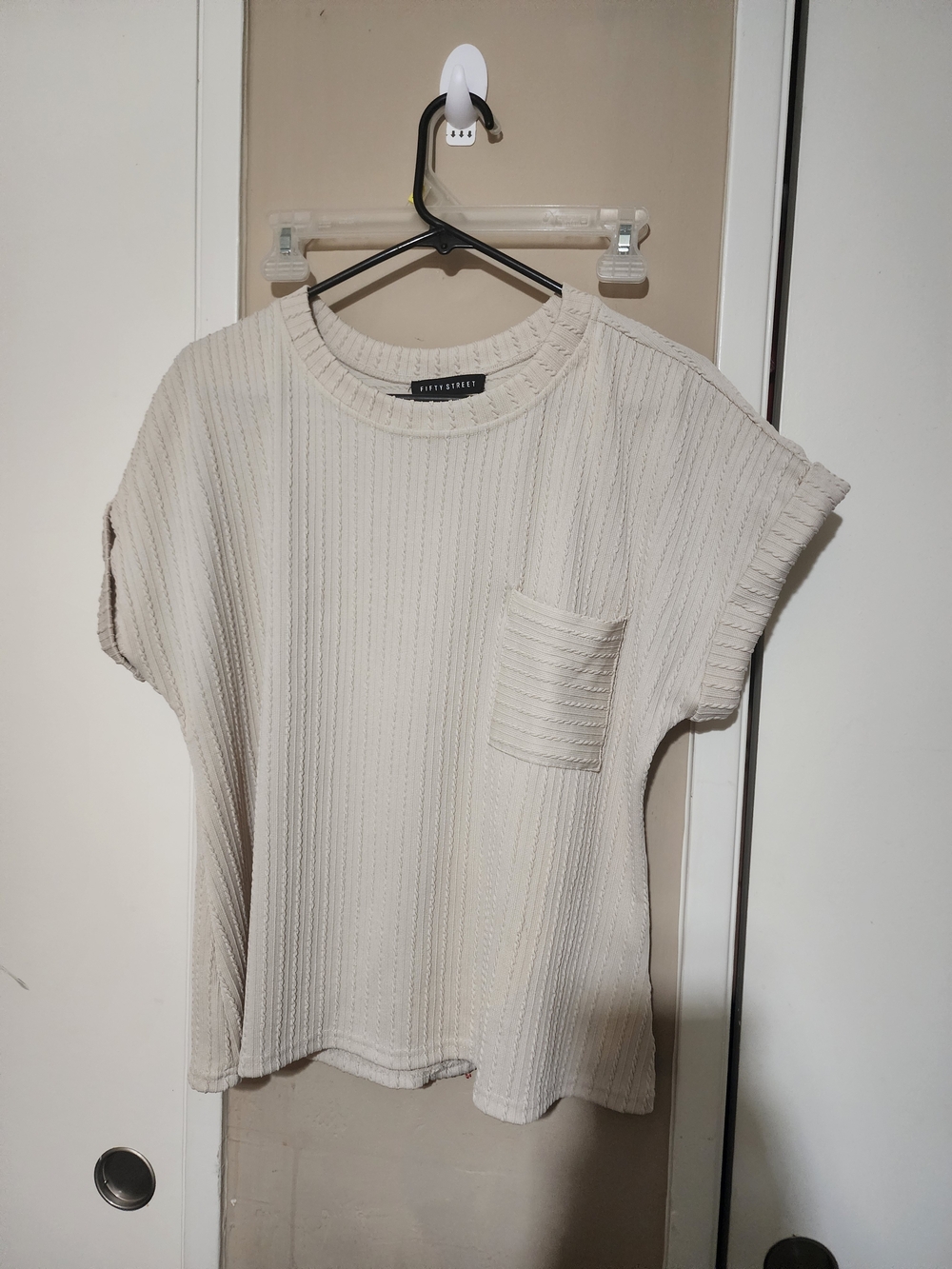 Quincee & Co. Cream Ribbed Short Sleeve Pocket Top